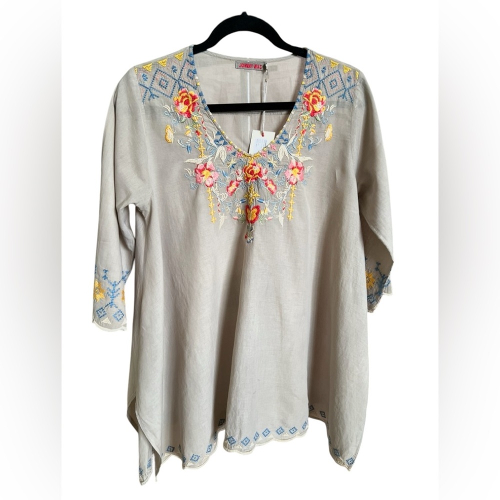 Johnny Was Taupe Rosetta Tunic Top- Excellent for Spring/ Summer